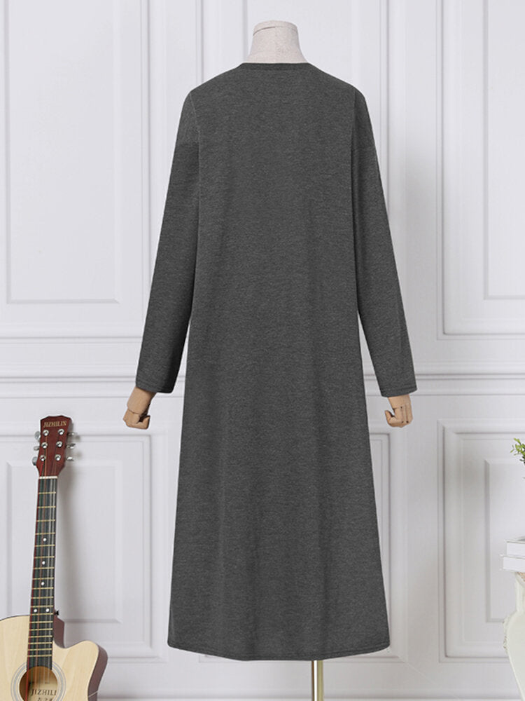 Women Side Fork Sweatshirt O-Neck Calf Length Solid Midi Dresses