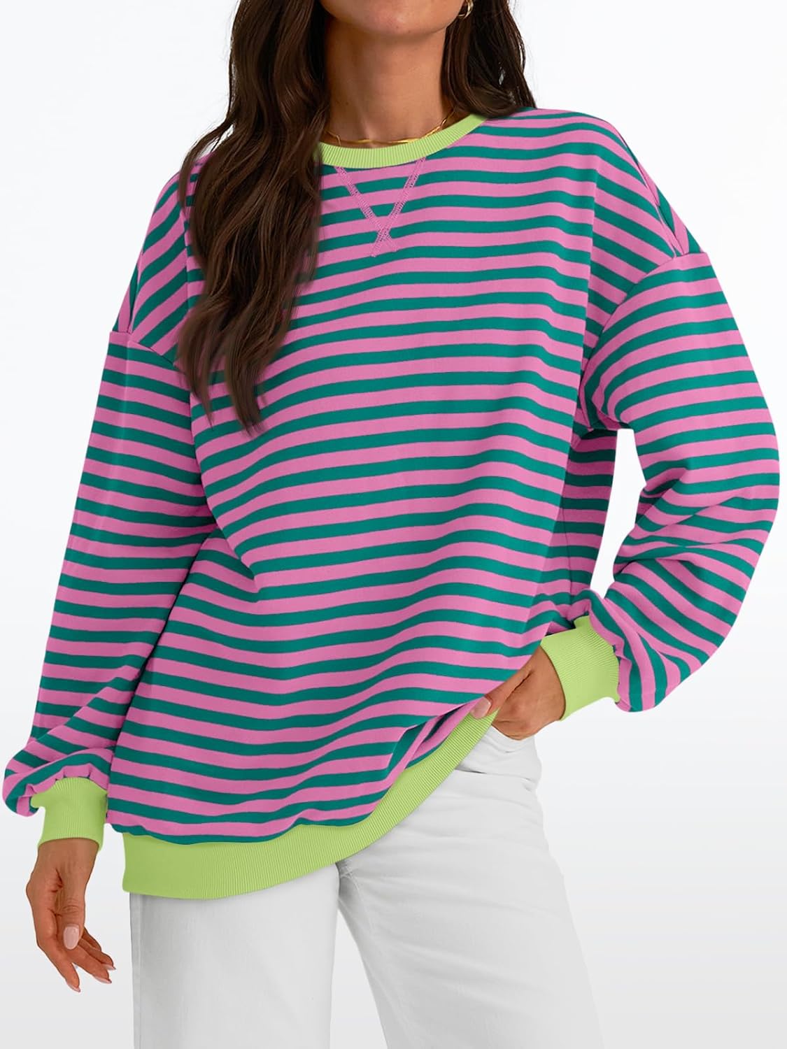 Women's Striped Crewneck Sweatshirt - Oversized Long Sleeve Casual Pullover Top