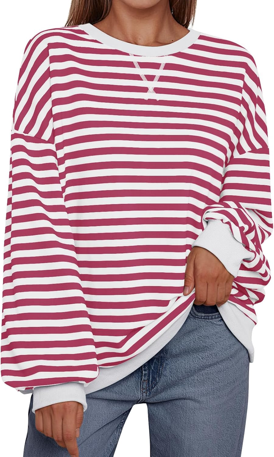 Women's Striped Crewneck Sweatshirt - Oversized Long Sleeve Casual Pullover Top