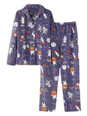 Women Cartoon Animal & Space Print Cotton Pocket Long Sleeve Elastic Waist Home Pajama Set