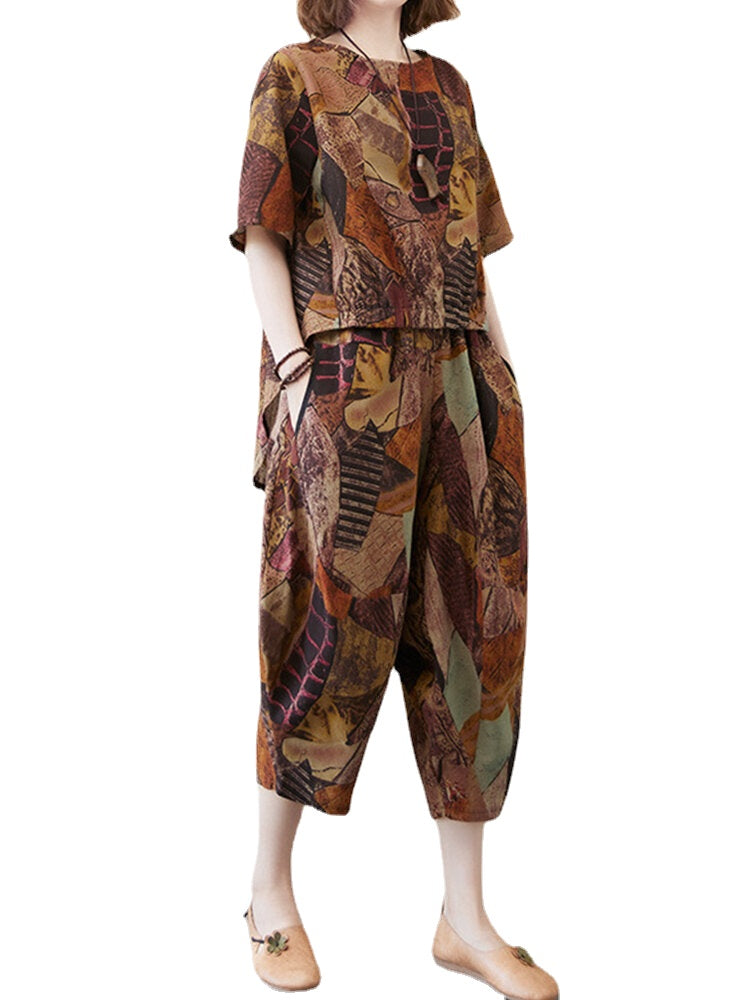 Vintage Print High-low Calf Length Side Pocket Casual Two-piece Suit For Women