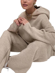 Women Solid Rib-Knit Hoodie Drawstring Wide Leg Pants Casual Long Two-Piece Set