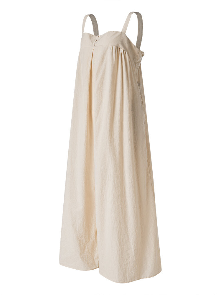 Solid Color Straps Pleated Daily Casual Jumpsuit For Women