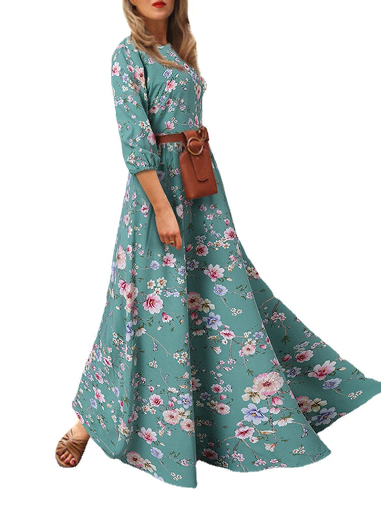 Women Bohemia Floral Print O-Neck Casual Half Sleeve Holiday Maxi Dresses