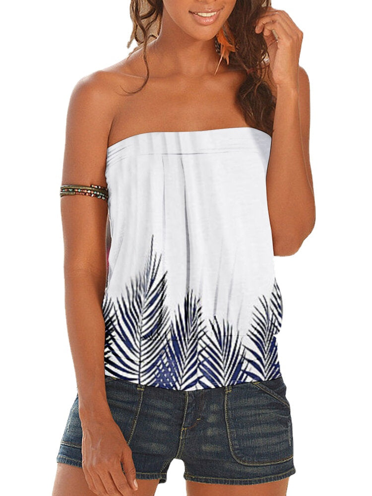 Women Summer Leaf Print Strapless Sleeveless Tube Tank Top