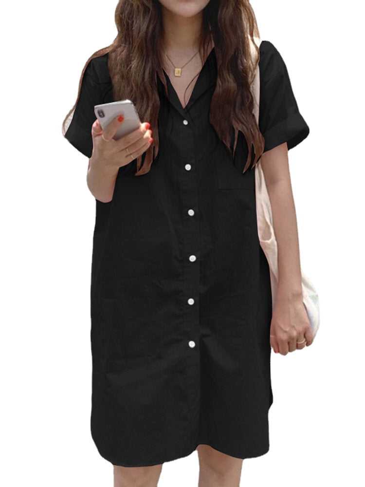 Solid Casual Lapel Short Sleeve Button Shirt Dress With Pocket