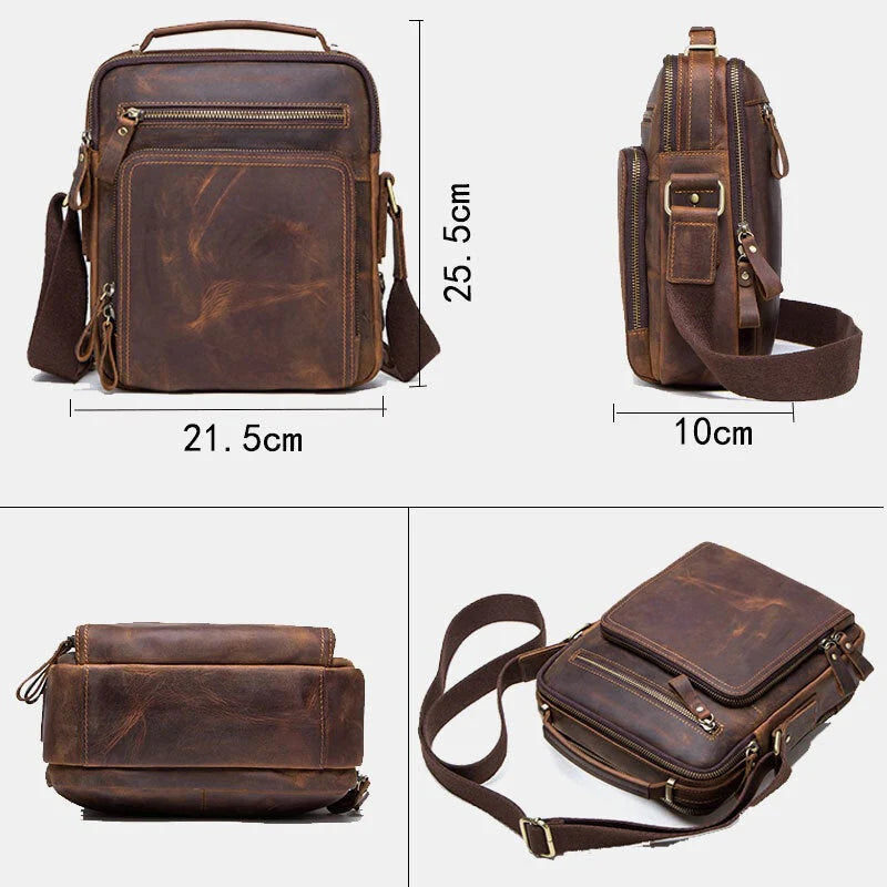Men's Vintage Leather Multi-Pocket Briefcase Messenger Crossbody Bag