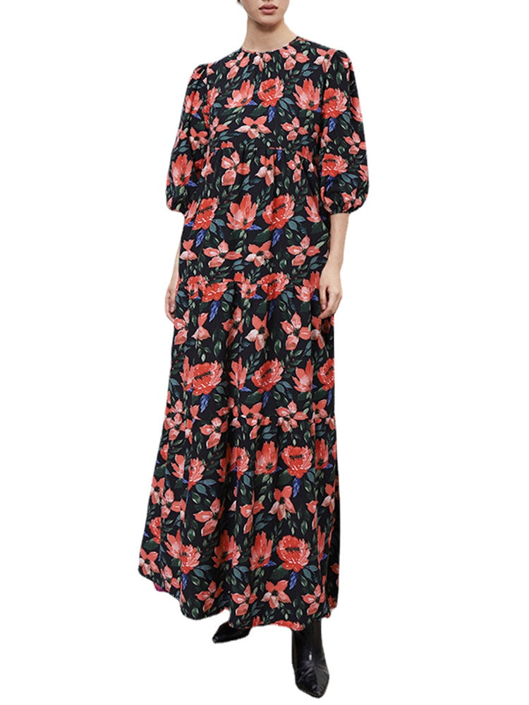 Casual Floral Print O-Neck Loose Back Zipper Puff Sleeve Holiday Maxi Dress For Women