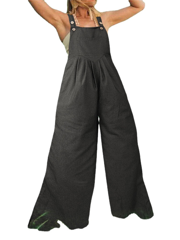 Women Solid Color Casual Loose Demin Wide Leg Jumpsuit with Pockets