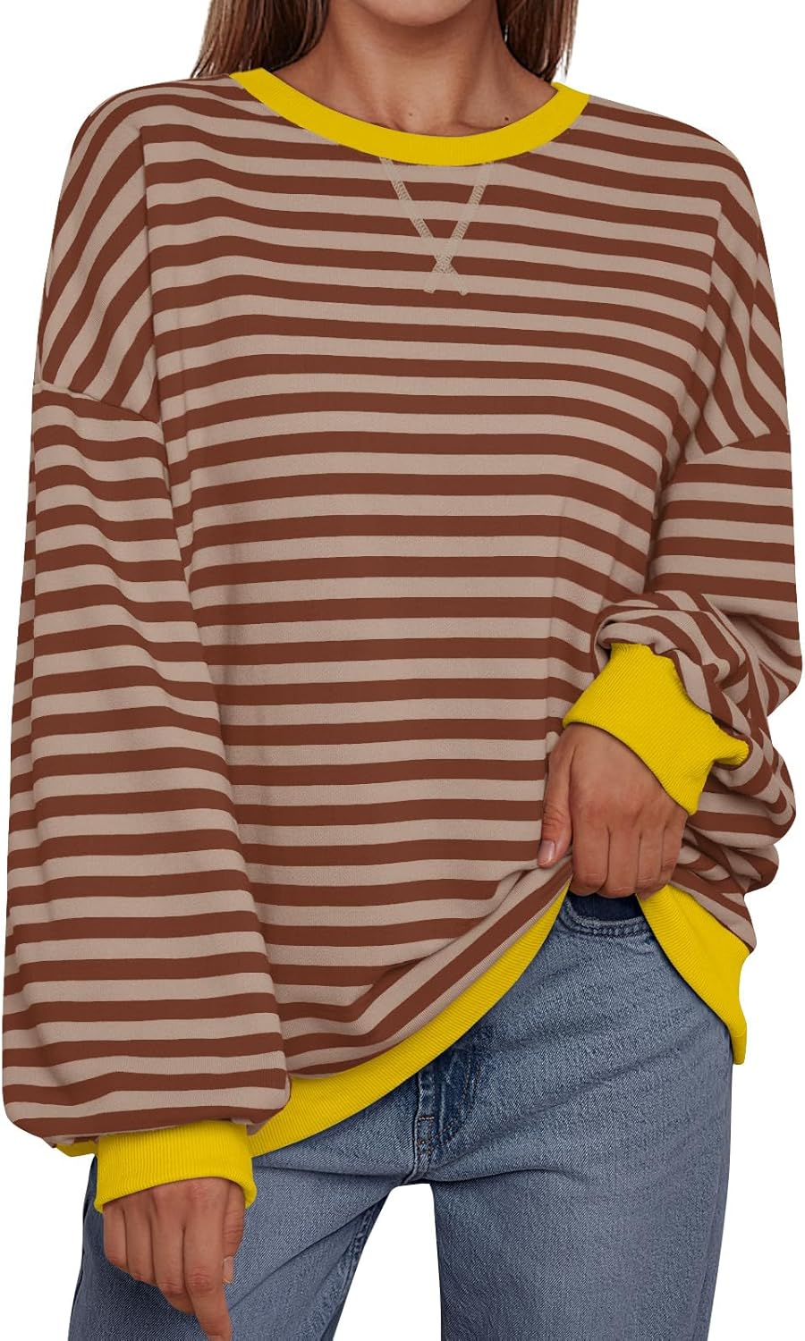 Women's Striped Crewneck Sweatshirt - Oversized Long Sleeve Casual Pullover Top