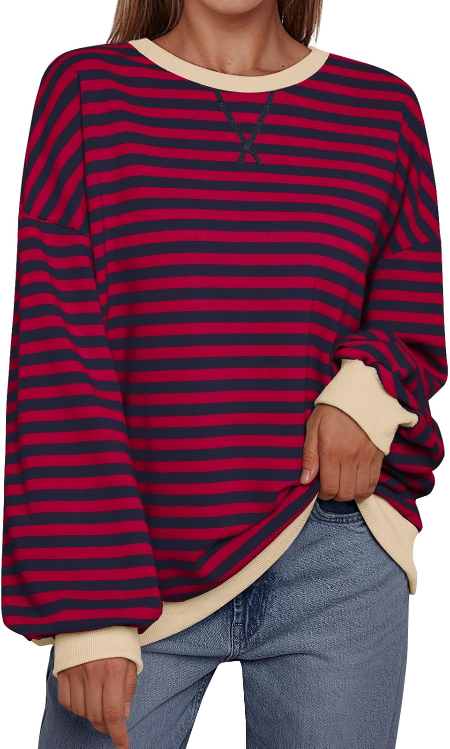 Women's Striped Crewneck Sweatshirt - Oversized Long Sleeve Casual Pullover Top