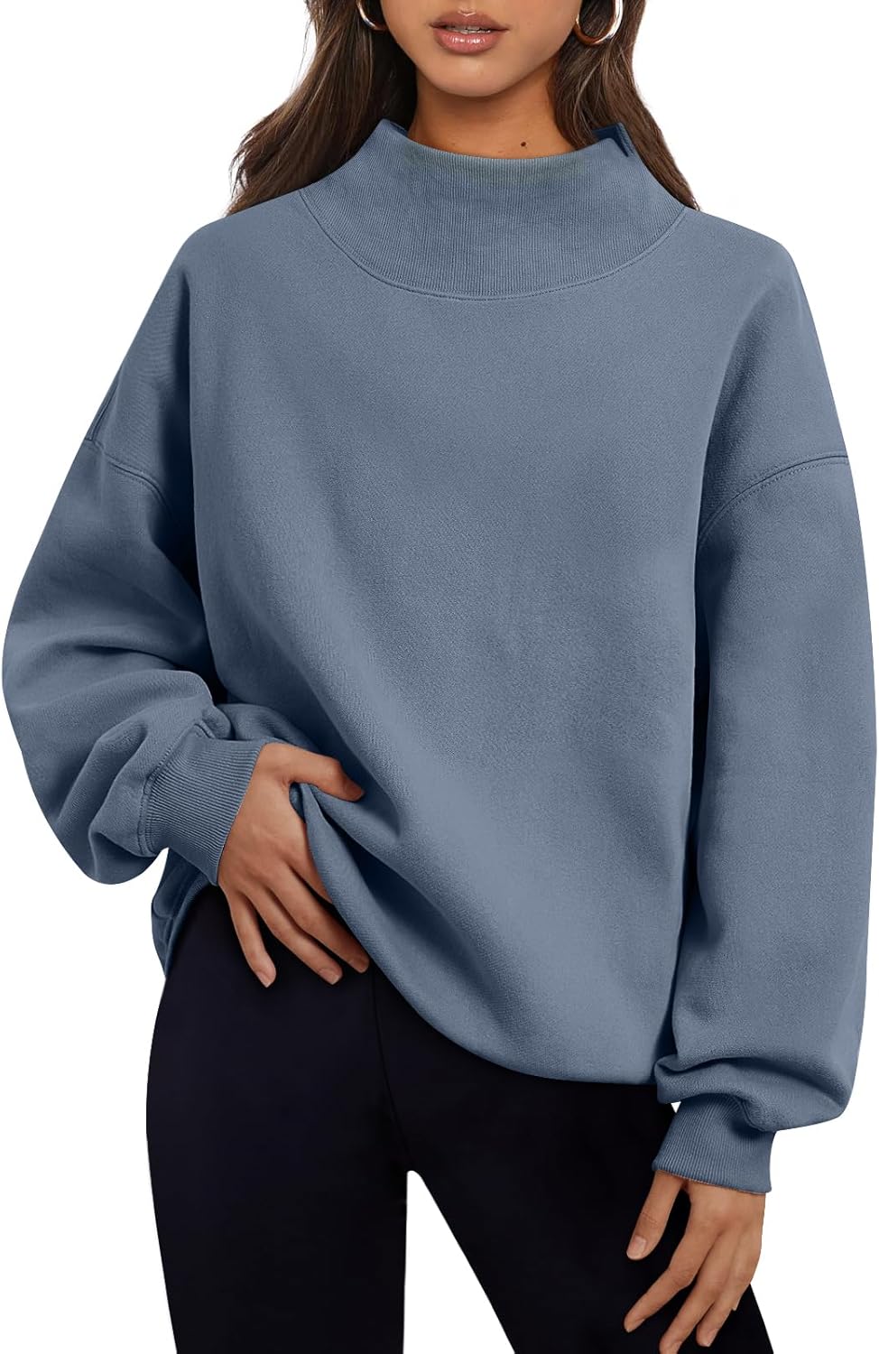 Women's Turtleneck Sweatshirt - Oversized Drop Shoulder Pullover with Fleece Lining