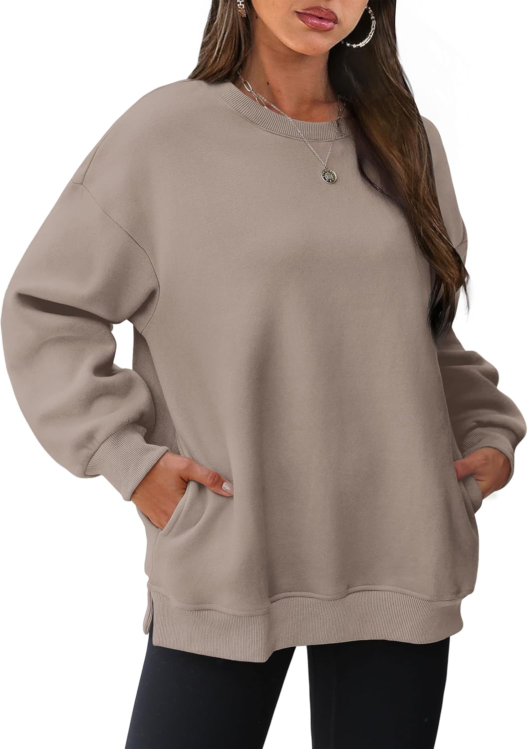 Women's Oversized Crewneck Sweatshirt - Fall Fashion Fleece Pullover with Pockets