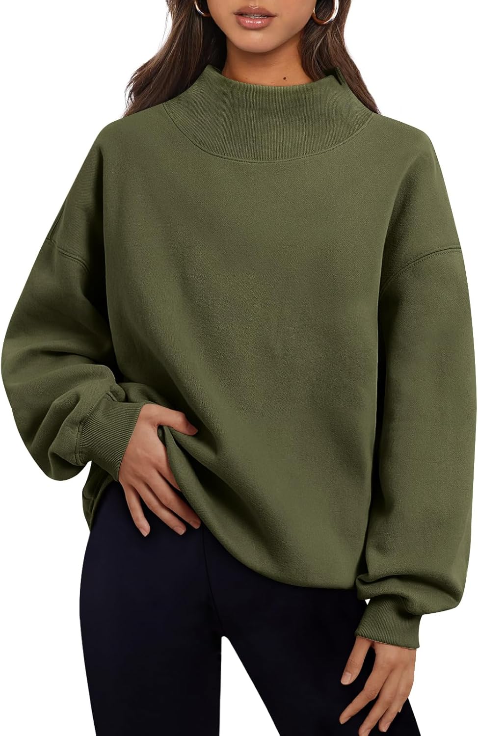 Women's Turtleneck Sweatshirt - Oversized Drop Shoulder Pullover with Fleece Lining