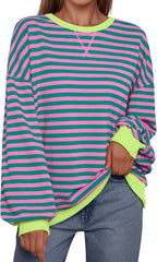 Women's Striped Crewneck Sweatshirt - Oversized Long Sleeve Casual Pullover Top