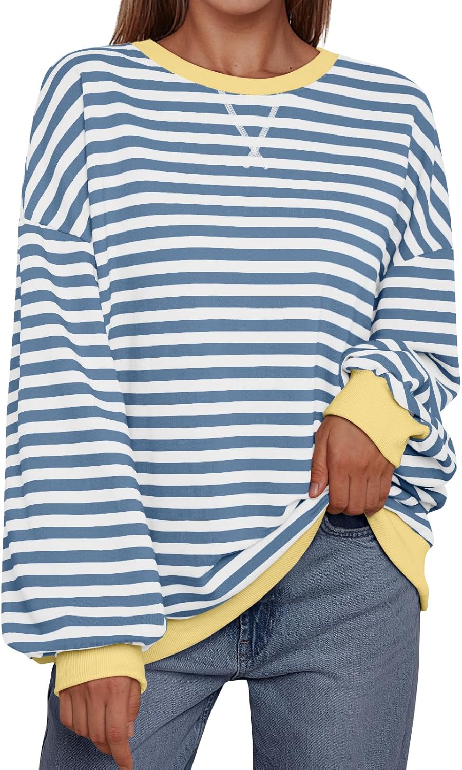 Women's Striped Crewneck Sweatshirt - Oversized Long Sleeve Casual Pullover Top