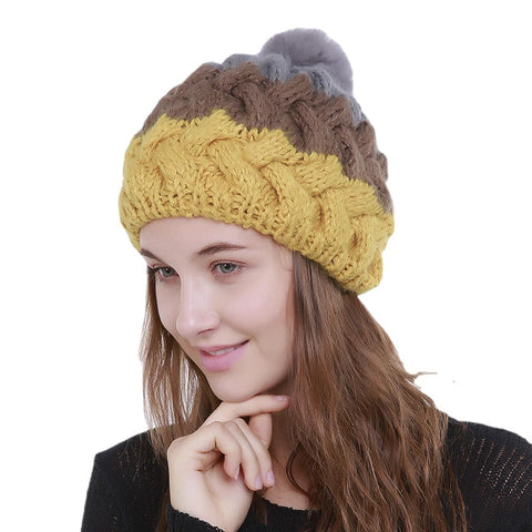 Women Vintage Patchwork Knit Hat Outdoor Winter Earmuffs Ski Skull Cap Beanie