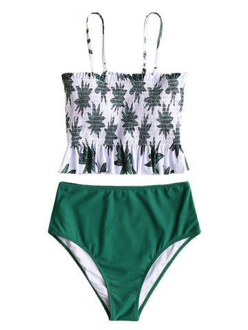 Hawaii Style Women Tropical Leaves Print Ruffles Hem Beach High Waist Bikini