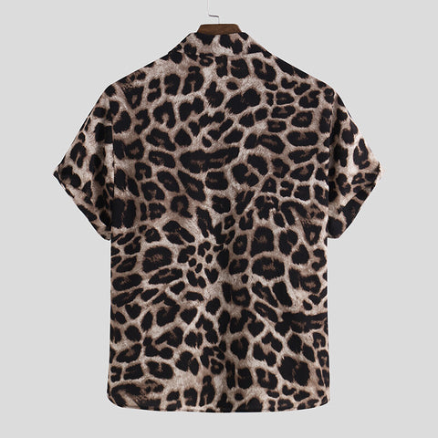 Summer Leopard Print Shirts Fashion Men Short Sleeve Lapel Shirt Casual Floral Blouse Men Hawaiian Beach Tops