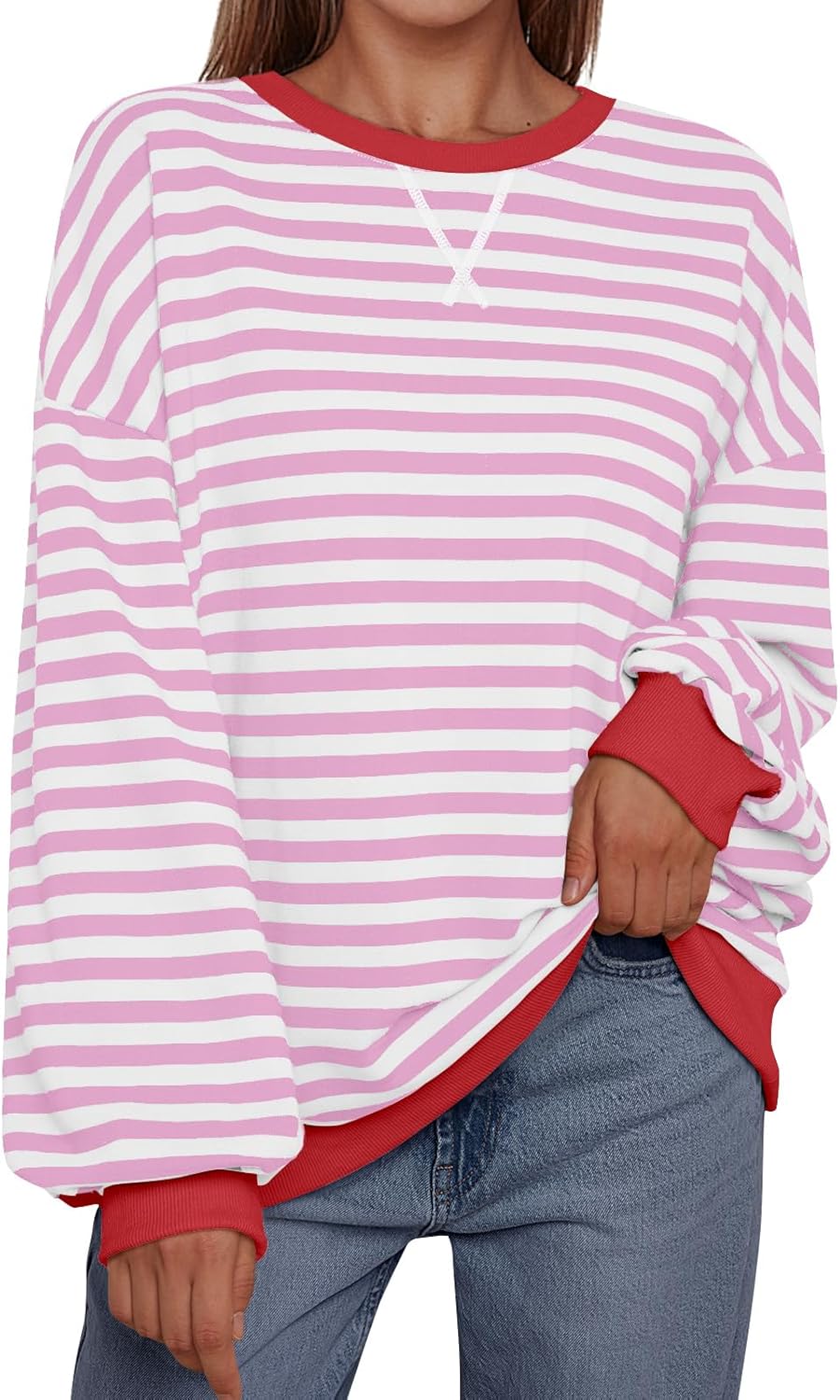 Women's Striped Crewneck Sweatshirt - Oversized Long Sleeve Casual Pullover Top