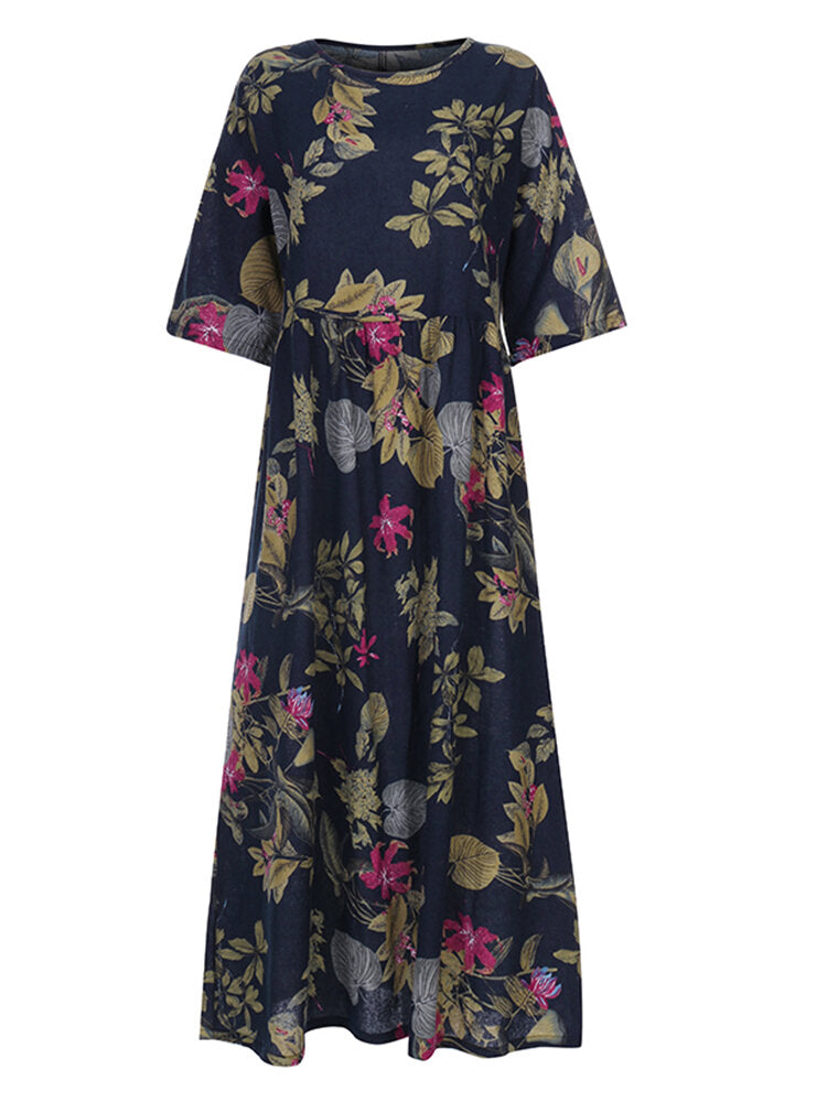 Women Retro Floral Printed Round Neck Three Quarter Sleeve Pleated Maxi Dresses