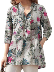 Women 100% Cotton V-Neck Floral Top Vintage Button Cuffs Three Quarter Sleeve Shirt
