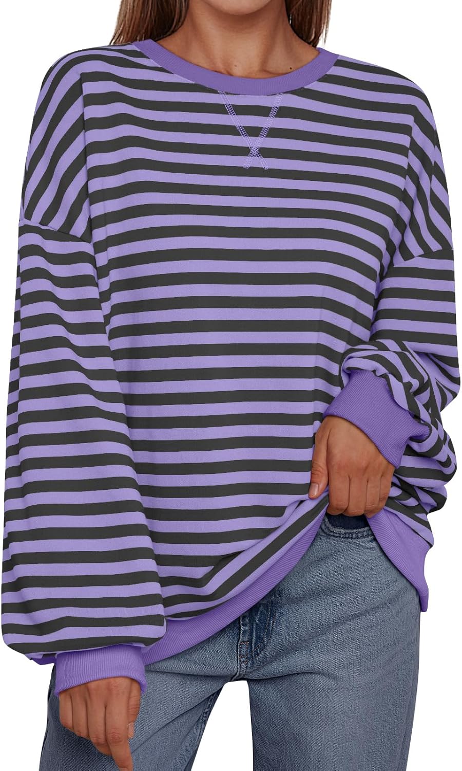 Women's Striped Crewneck Sweatshirt - Oversized Long Sleeve Casual Pullover Top