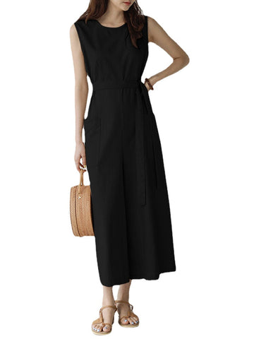 Solid Pocket Knotted Sleeveless Round Neck Casual Jumpsuit