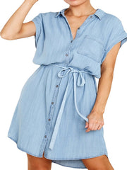 Women's Denim Shirt Dress - Sleeveless Lace-Up Mini Dress for Summer