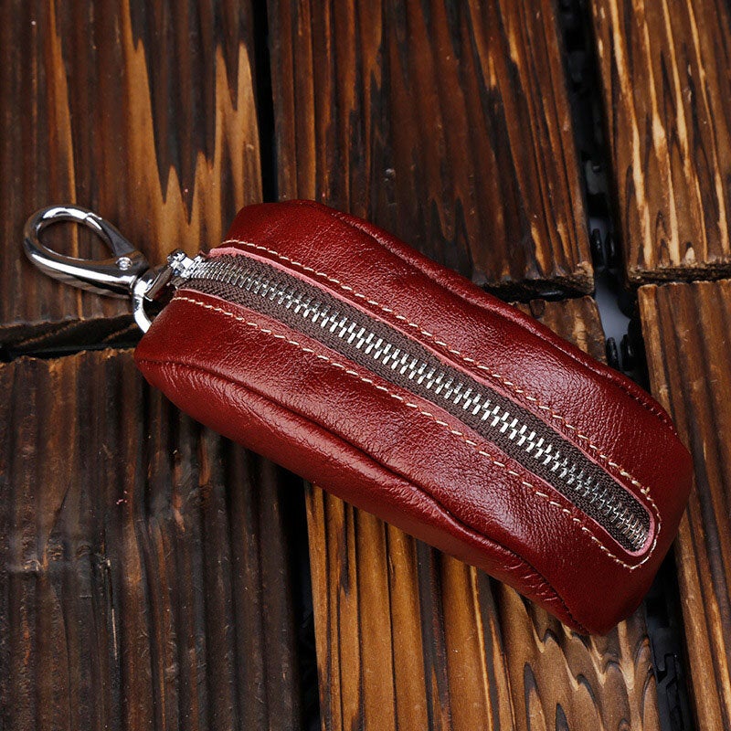 Men First Layer Cowhide Keychain Wallet Retro Casual Internal Zipper