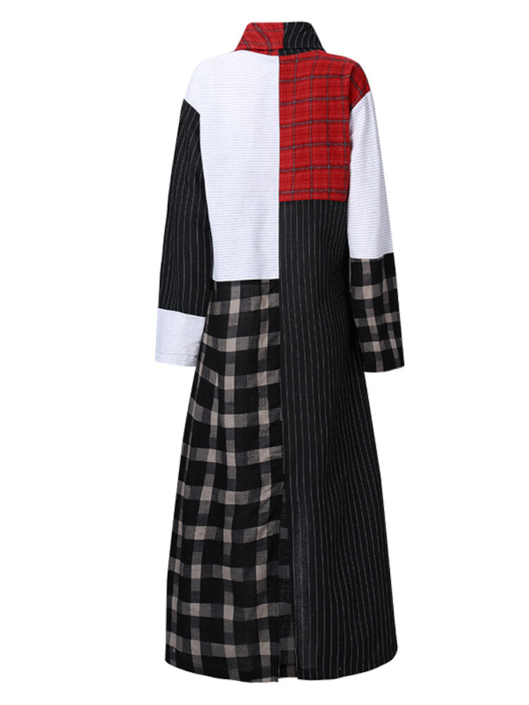 Women Stitching Design Plaid Pattern Striped Patchwork Color Block Midi Dresses