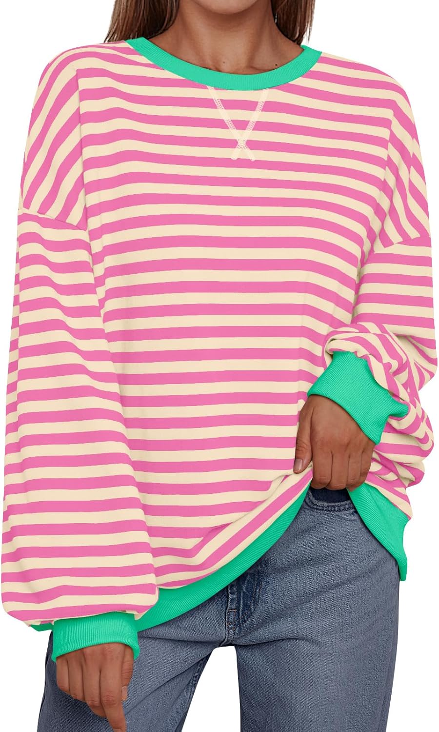 Women's Striped Crewneck Sweatshirt - Oversized Long Sleeve Casual Pullover Top