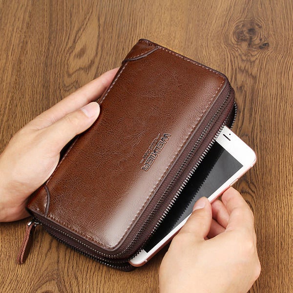 Men Oil Wax Leather Vintage Long Wallet Card Holder Phone Bag