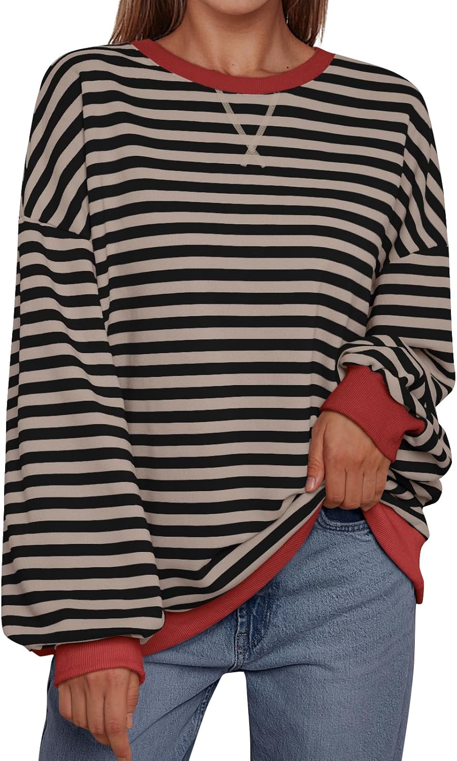 Women's Striped Crewneck Sweatshirt - Oversized Long Sleeve Casual Pullover Top