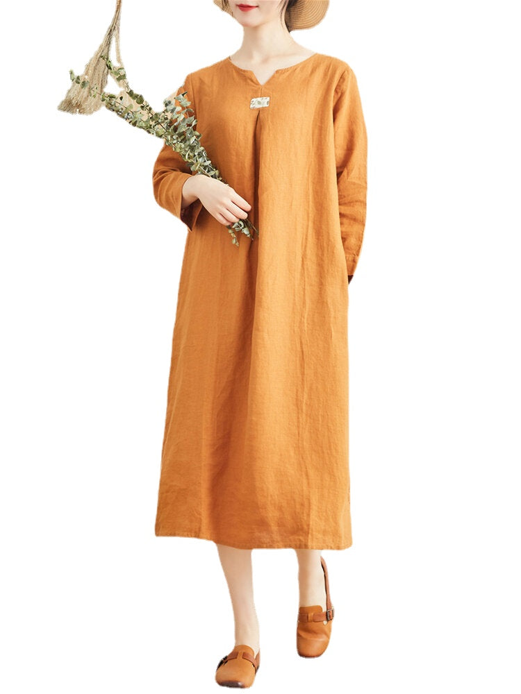 Women Pure Color Cotton Linen V-Neck Long Sleeve Dress with Pockets