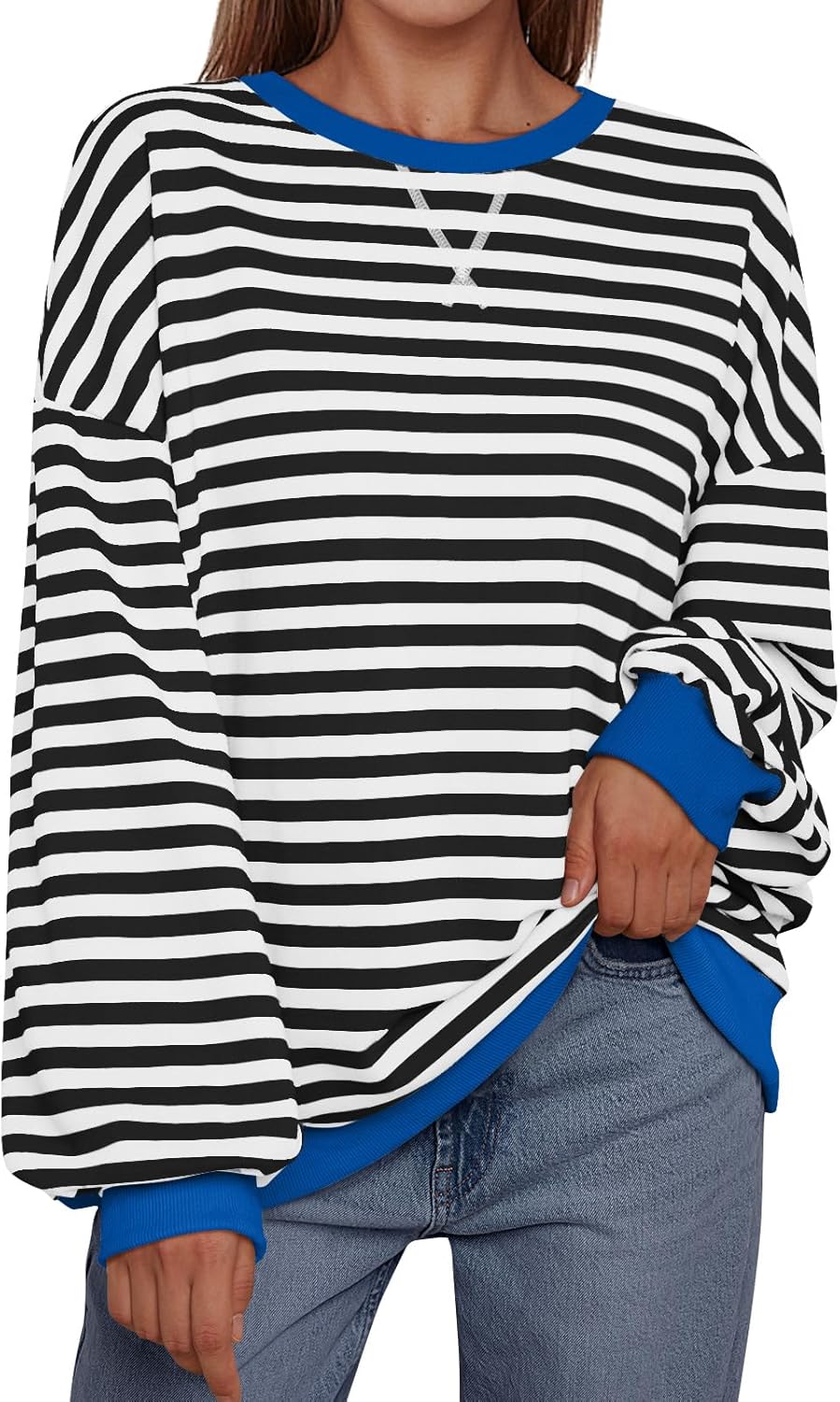 Women's Striped Crewneck Sweatshirt - Oversized Long Sleeve Casual Pullover Top