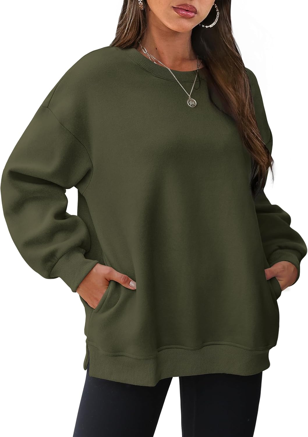 Women's Oversized Crewneck Sweatshirt - Fall Fashion Fleece Pullover with Pockets