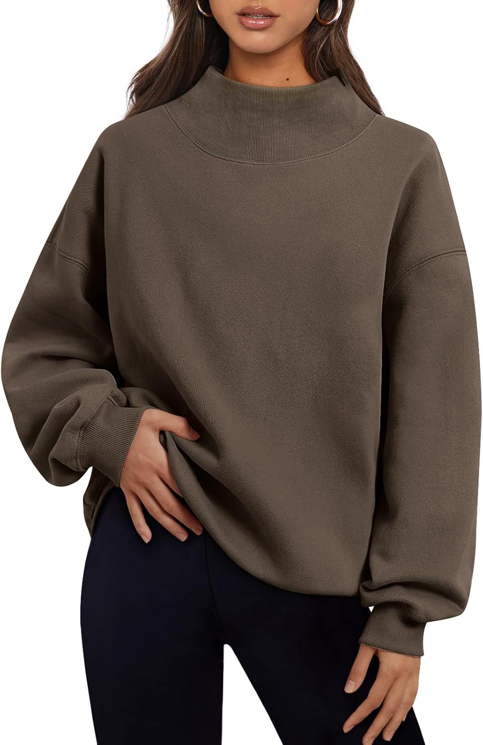 Women's Turtleneck Sweatshirt - Oversized Drop Shoulder Pullover with Fleece Lining