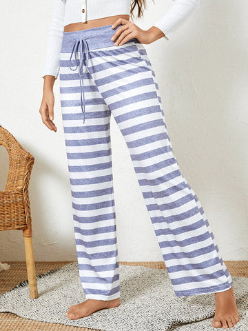 Women Plus Size Striped Brief Style Drawstring Waist Loose Daily Home Pajamas Pants