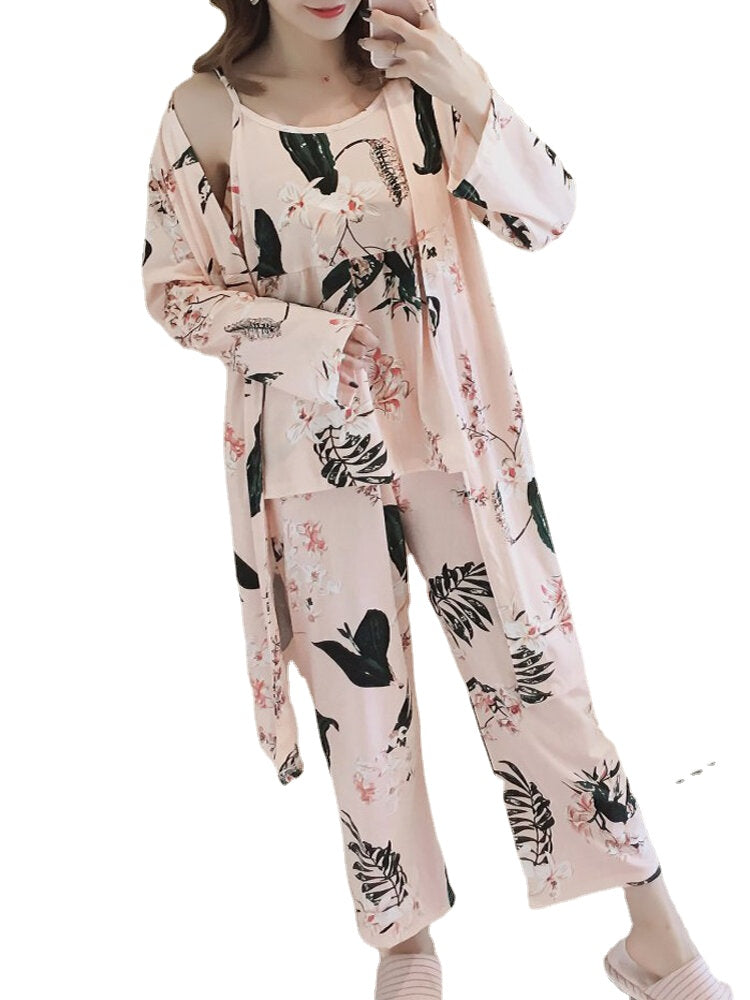 Womens Florral Print Tank Top With Robe Three Piece Home Casual Pajama Set