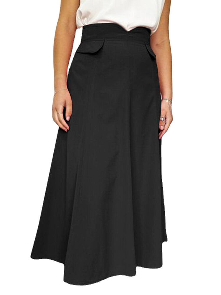 Women Solid Color Zipper Back Casual High Waist Skirts