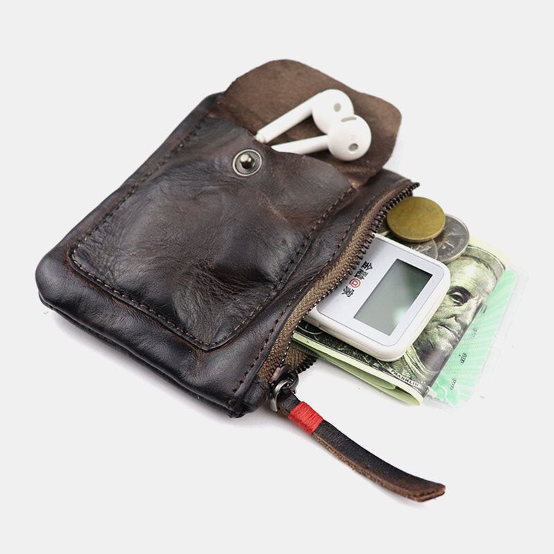 Men Genuine Leather Vegetable Tanned Thin Zipper Wallet Fold Large Capacity Card Holder Money Clip Coin Purse