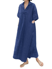 Solid Color Half Sleeve Lapel Loose Cotton Maxi Dress