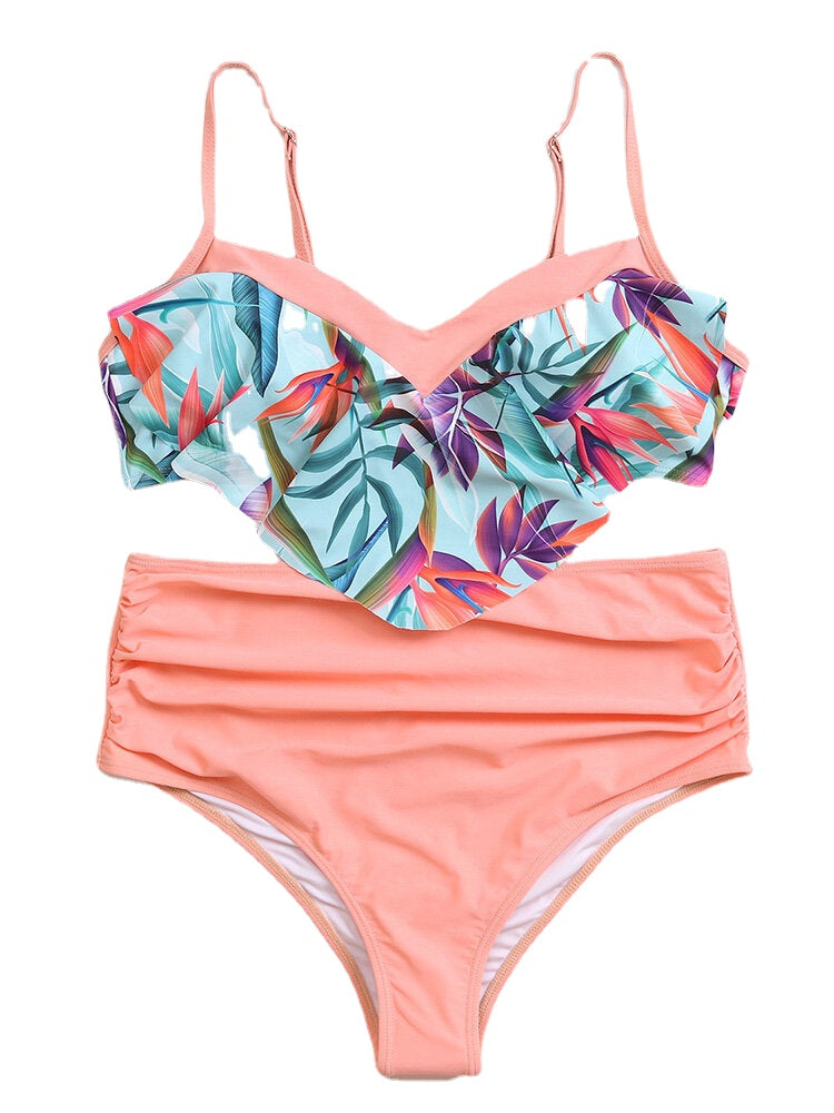 Tropical Print Ruffles Trim Open Back High Waist Holiday Irregular Beach Bikini