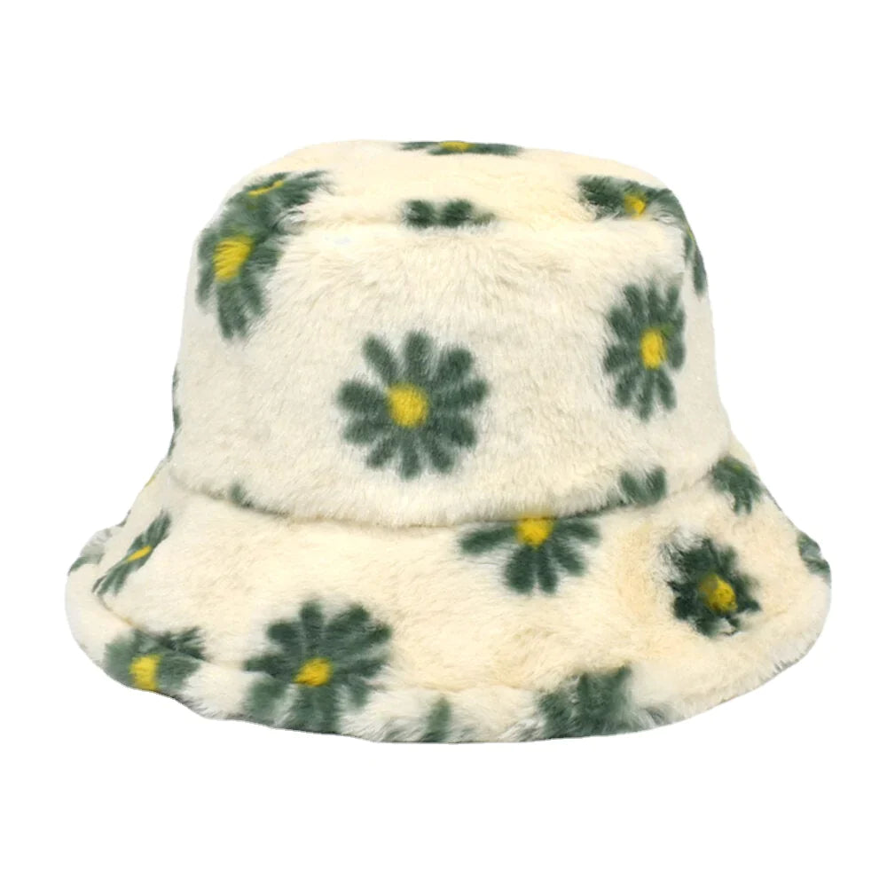 Women Lamb Hair Soft Warm Plus Thicken Casual All-match Cute Daisy Flower Pattern Bucket Hat