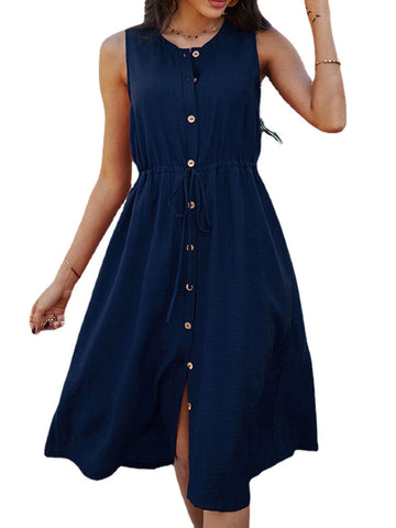 Button Drawstring O-neck Solid Color Sleeveless Casual Dress For Women