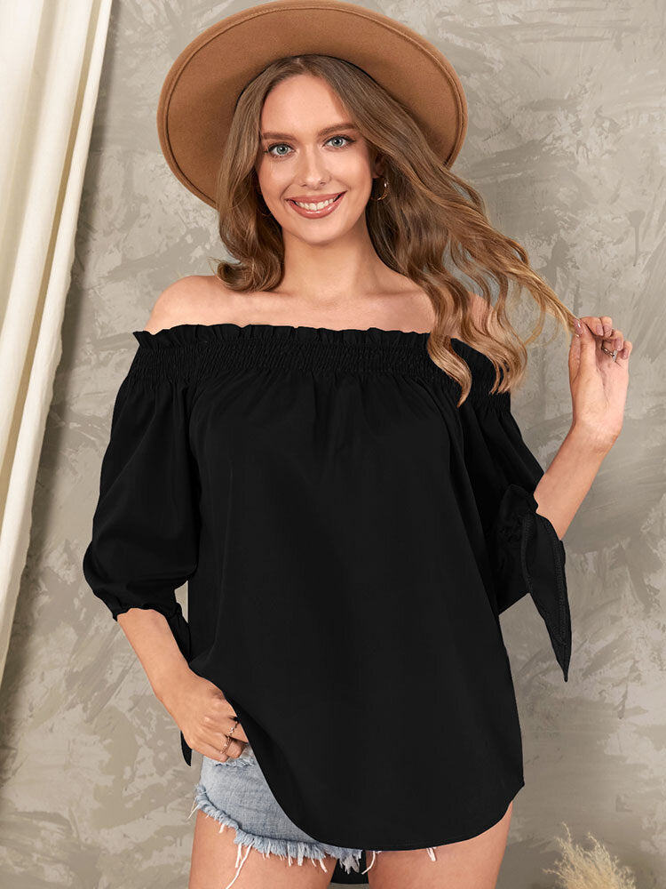 Shirring Tie-Up At Cuffs One Shoulder Backless Casual Blouse