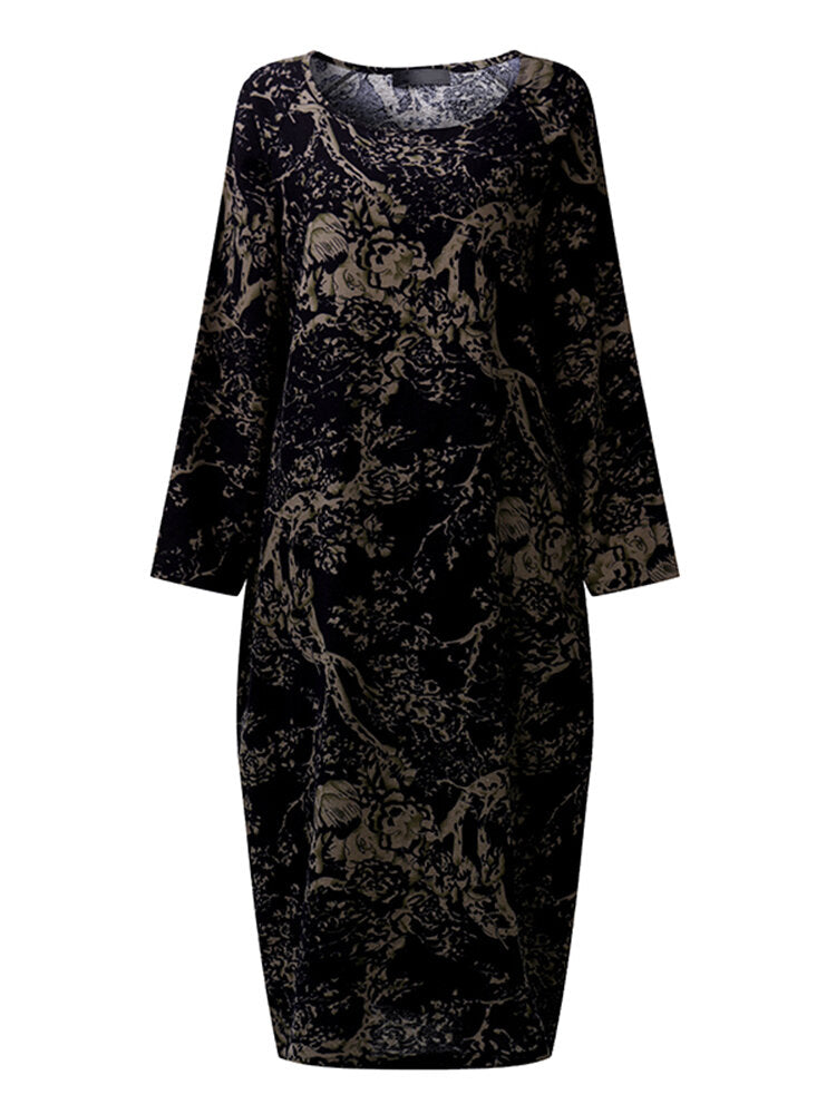 Women Floral Printed Long Sleeve Loose Maxi Dresses with Pockets