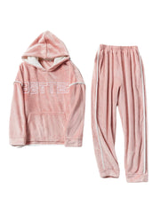Women Flannel Letter Embroidery Thicken Hoodie Elastic Waist Loose Pants Home Pajama Set