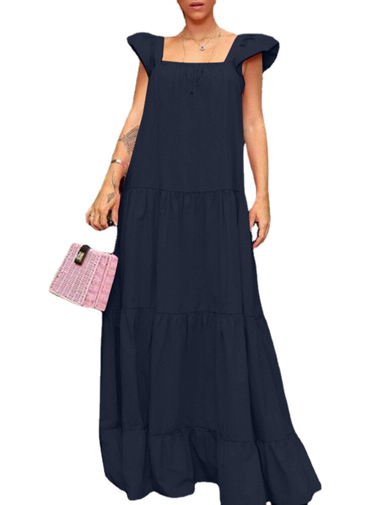 Solid Ruffle Backless Square Collar Casual Maxi Dress